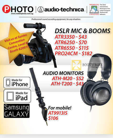 PC SHOW 2012 price list image brochure of Eastgear Red Dot DSLR Mic Booms ATR3350, ATR6350, ATR6550, PRO24CM, Audio Monitor ATH-M20, ATH-T200, AT9113IS