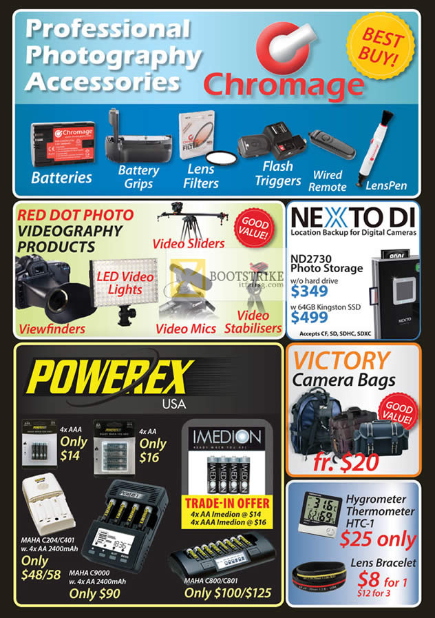 PC SHOW 2012 price list image brochure of Eastgear Red Dot Nexto Di ND2730 Photo Storage, Victory Camera Bags, Powerex Battery, Hyygrometer Thermometer