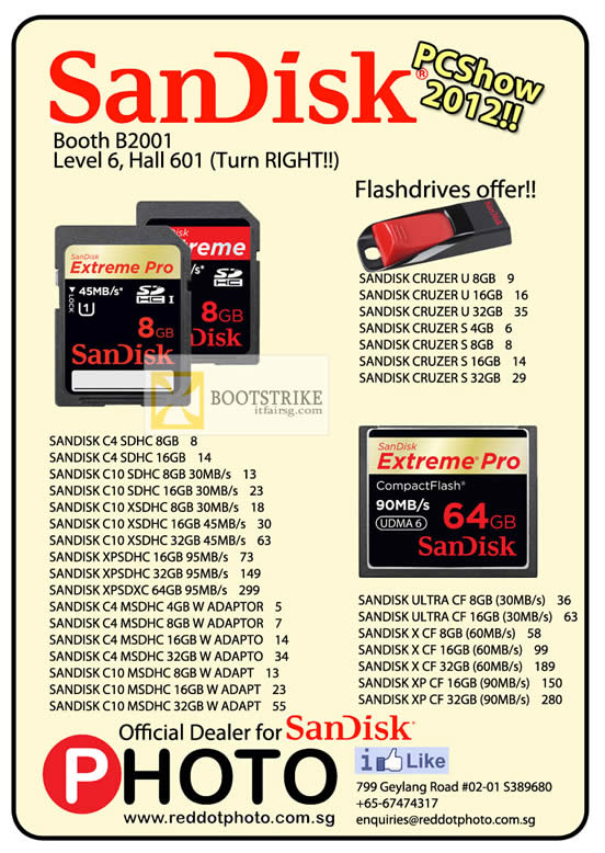 PC SHOW 2012 price list image brochure of Eastgear Red Dot Sandisk Memory Cards SDHC, XPSDHC, MSDHC, CompactFlash CF, Cruzer USB Flash Drive