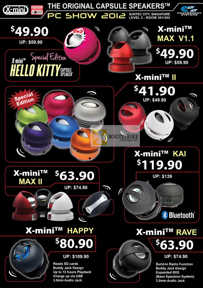 PC SHOW 2012 price list image brochure of Epicenter X-Mini Capsule Speakers Hello Kitty, Max V1.1, II, Max II, Kai, Happy, Rave