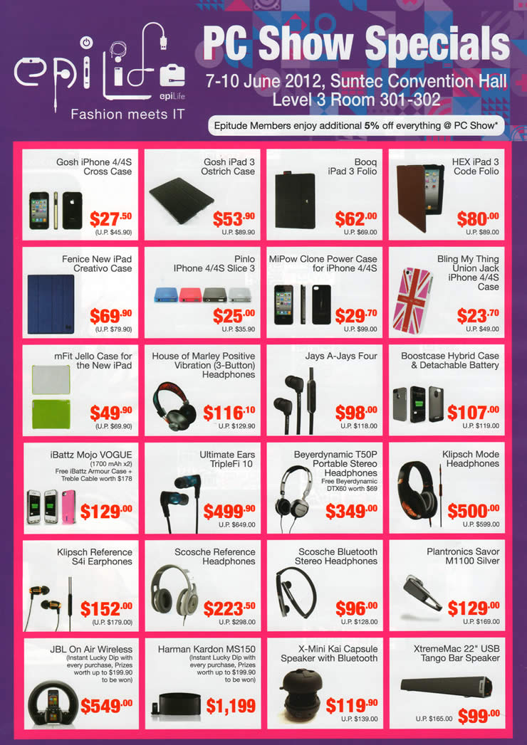 PC SHOW 2012 price list image brochure of Epicentre Accessories Gosh IPhone Cross Case, Gosh, Booq, Hex IPad Case, MFit, Jays, Klipsch, Harman Kardon, X-Mini, XtremeMac