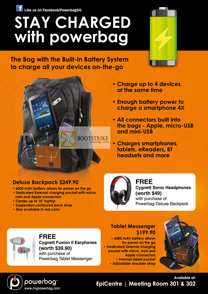 PC SHOW 2012 price list image brochure of Epicentre Powerbag Battery Charger IPhone IPad, Deluxe Backpack, Tablet Messenger