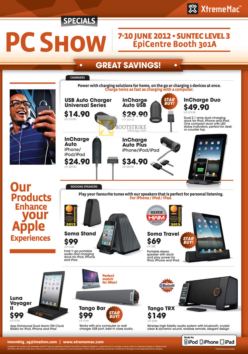 PC SHOW 2012 price list image brochure of Epicentre Xtrememac IPhone IPad Accessories, Charger InCharge USB Plus Auto Duo, Speakers Soma Stand Travel, Luna Voyager II, Tango Bar TRX