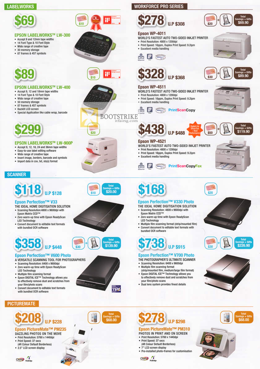 PC SHOW 2012 price list image brochure of Epson Labellers Labelworks LW-300, LW-400, LW-900P, Printers Inkjet WP-4011, WP-4511, WP-4521, Scanner Perfection V33, V600, V330, V700, PictureMate PM235 PM310