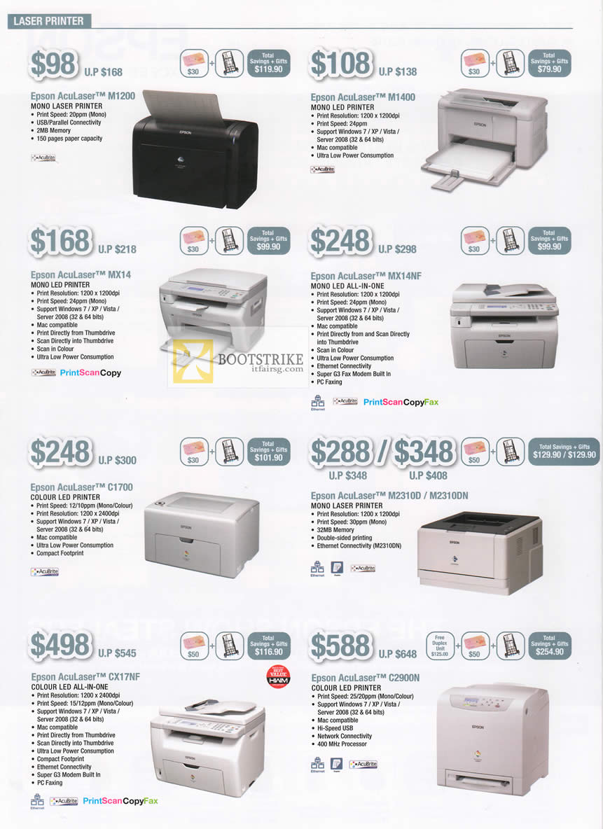 PC SHOW 2012 price list image brochure of Epson Printers AcuLaser M1200, M1400, MX14, MX14NF, C1700, M2310D, M2310DN, CX17NF, C2900N