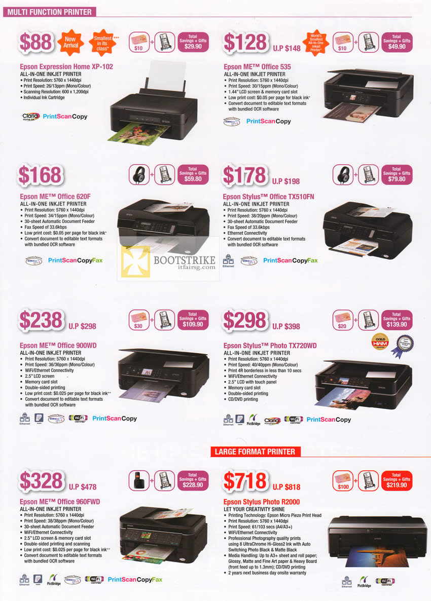 PC SHOW 2012 price list image brochure of Epson Printers Expression Home XP-102, Office 535, 620F, TX510FN, 900WD, Stylus Photo TX720WD, Office 960FWD, R2000