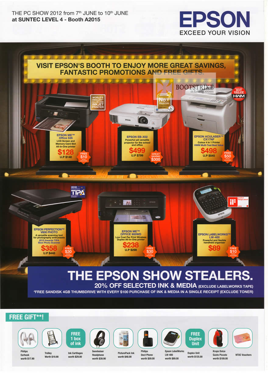 PC SHOW 2012 price list image brochure of Epson Printers Free Gift ME Office 535, EB-X02 Projector, Aculaser CX17NF, Perfection V600 Photo, Me Office 900WD, Labelworks LW-400
