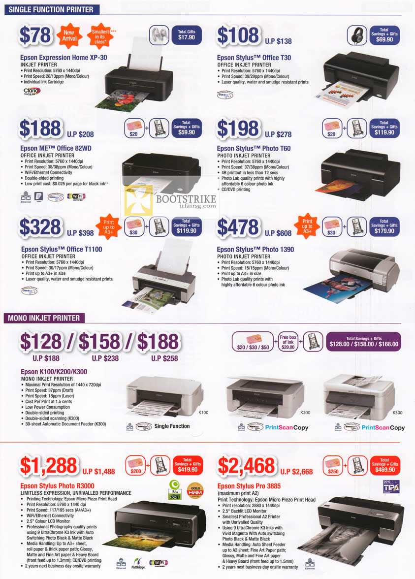 PC SHOW 2012 price list image brochure of Epson Printers Inkjet XP-30, Office T30, 82WD, Photo T60, Office T1100, 1390, K100, K200, K300, R3000, Pro 3885
