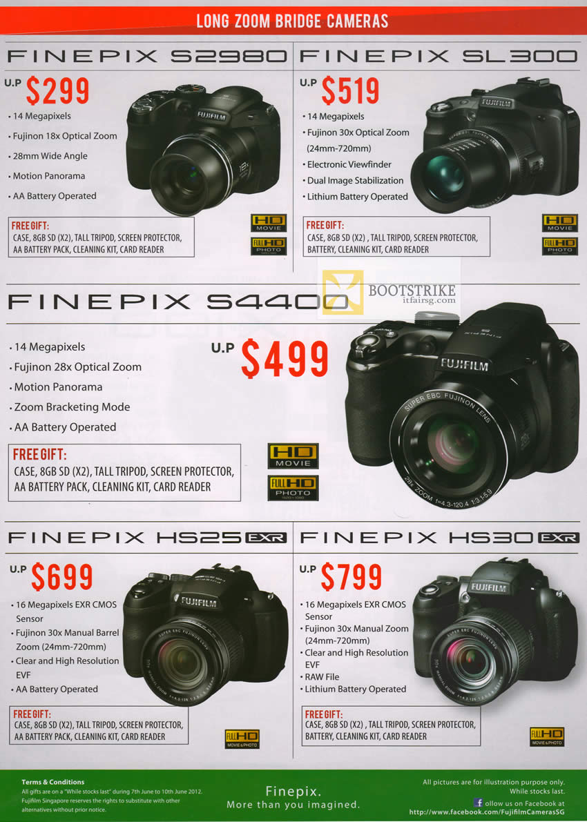 PC SHOW 2012 price list image brochure of Fujifilm Digital Cameras Finepix S2980, SL300, S4400, HS25EXR, HS30EXR