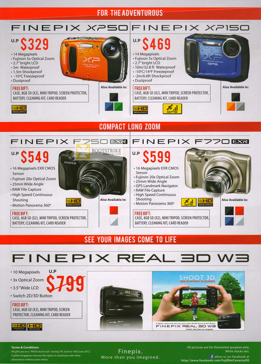 PC SHOW 2012 price list image brochure of Fujifilm Digital Cameras Finepix XP50, XP150, F750EXR, F770EXR, Real 3D W3