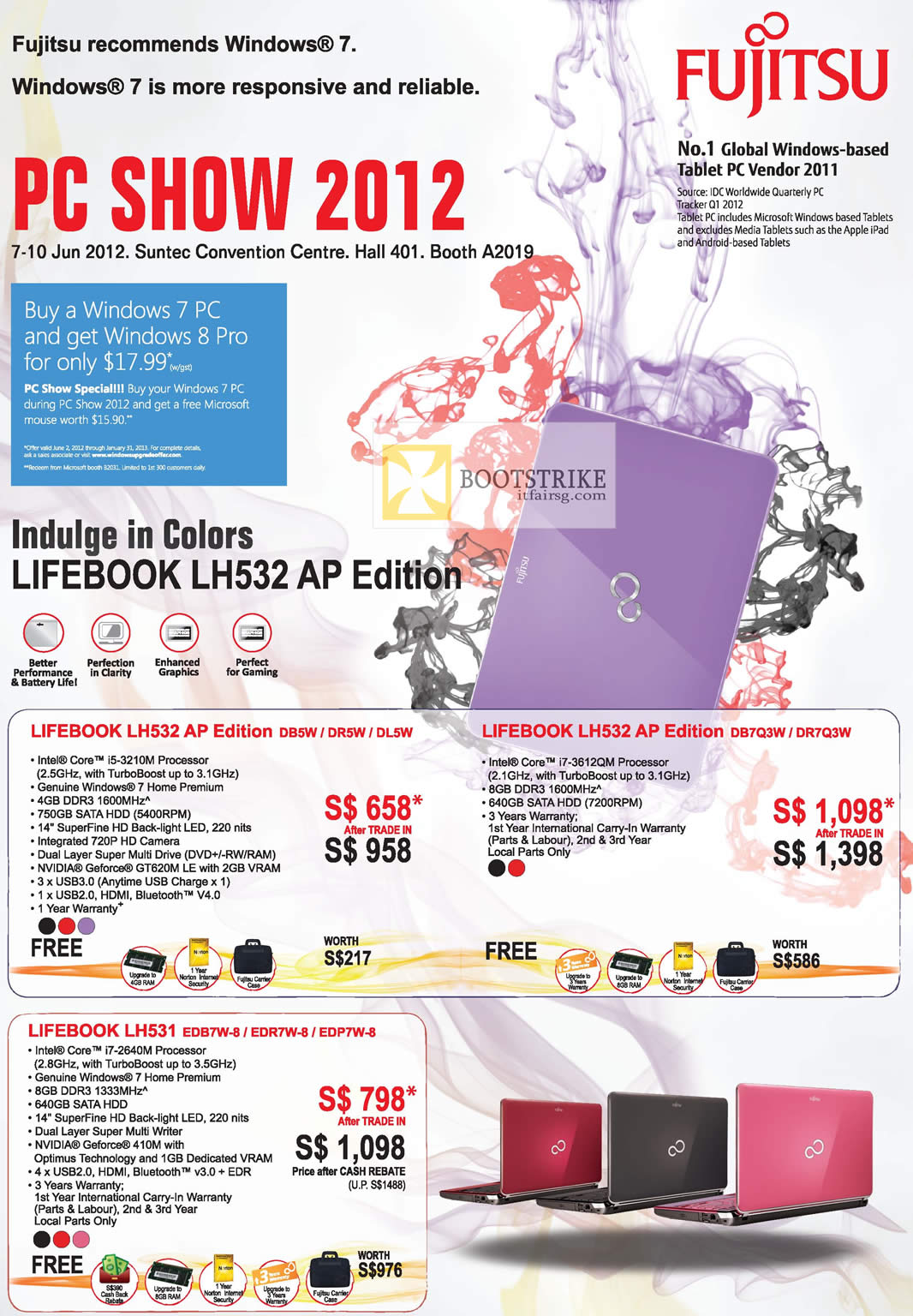 PC SHOW 2012 price list image brochure of Fujitsu Notebooks Lifebook LH532 DB5W DR5W DL5W, LH532 DB7Q3W DR7Q3W, LH531 EDB7W-8 EDR7W-8 EDP7W-8