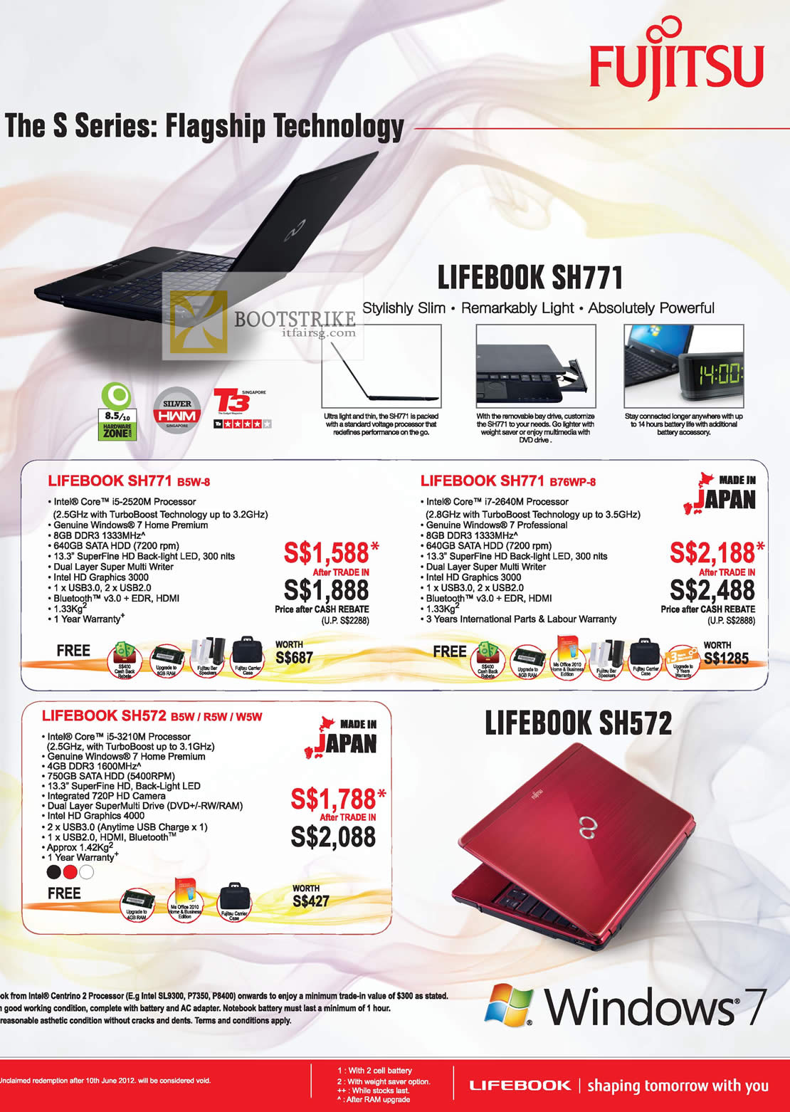 PC SHOW 2012 price list image brochure of Fujitsu Notebooks Lifebook SH771 B5W-8, SH771 B76WP-8, SH572 B5W R5W W5W