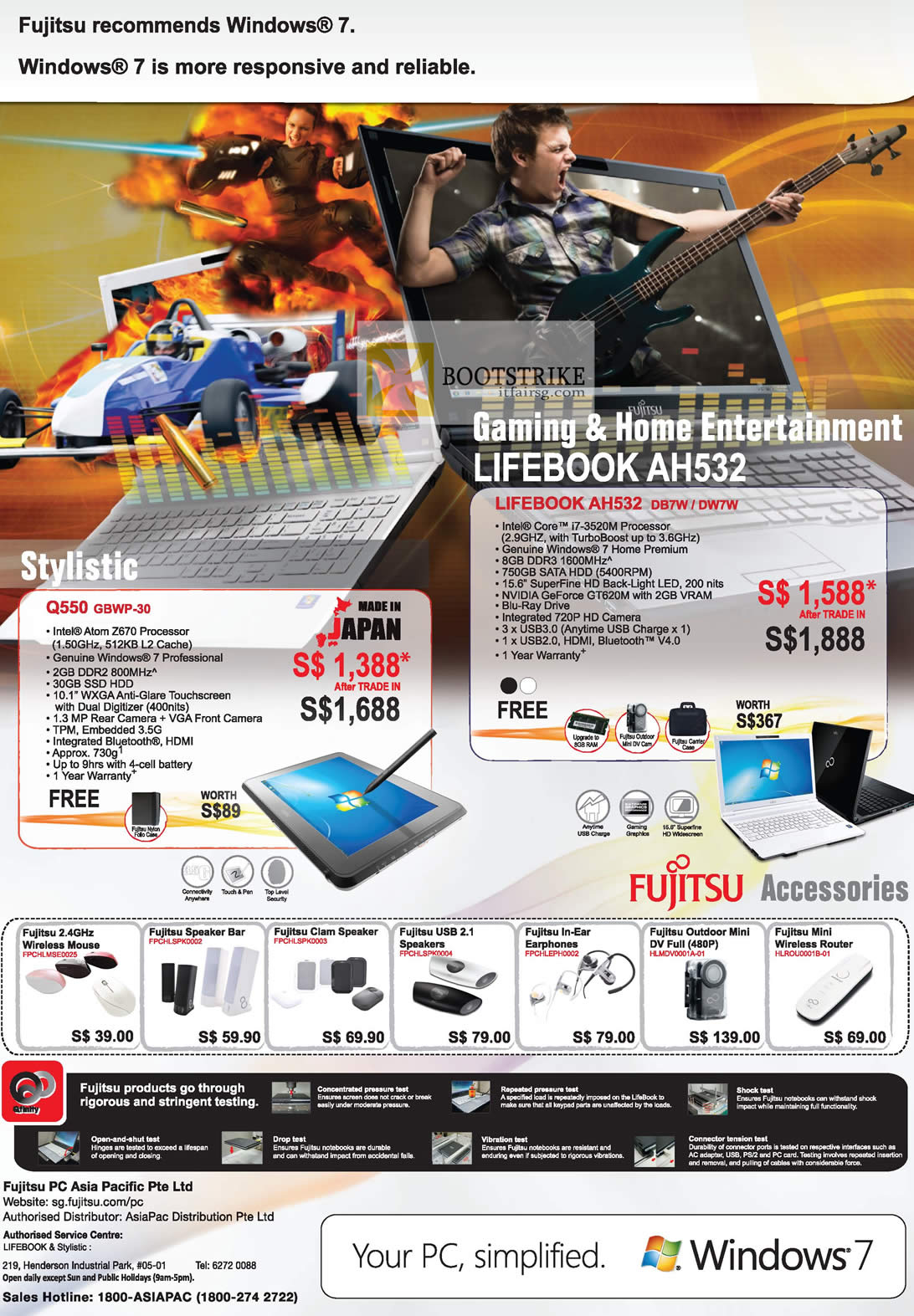 PC SHOW 2012 price list image brochure of Fujitsu Notebooks Q550 GBWP-30, Lifebook AH532 DB7W DW7W, Accessories Mouse, Speaker Bar, Earphones, Mini Router