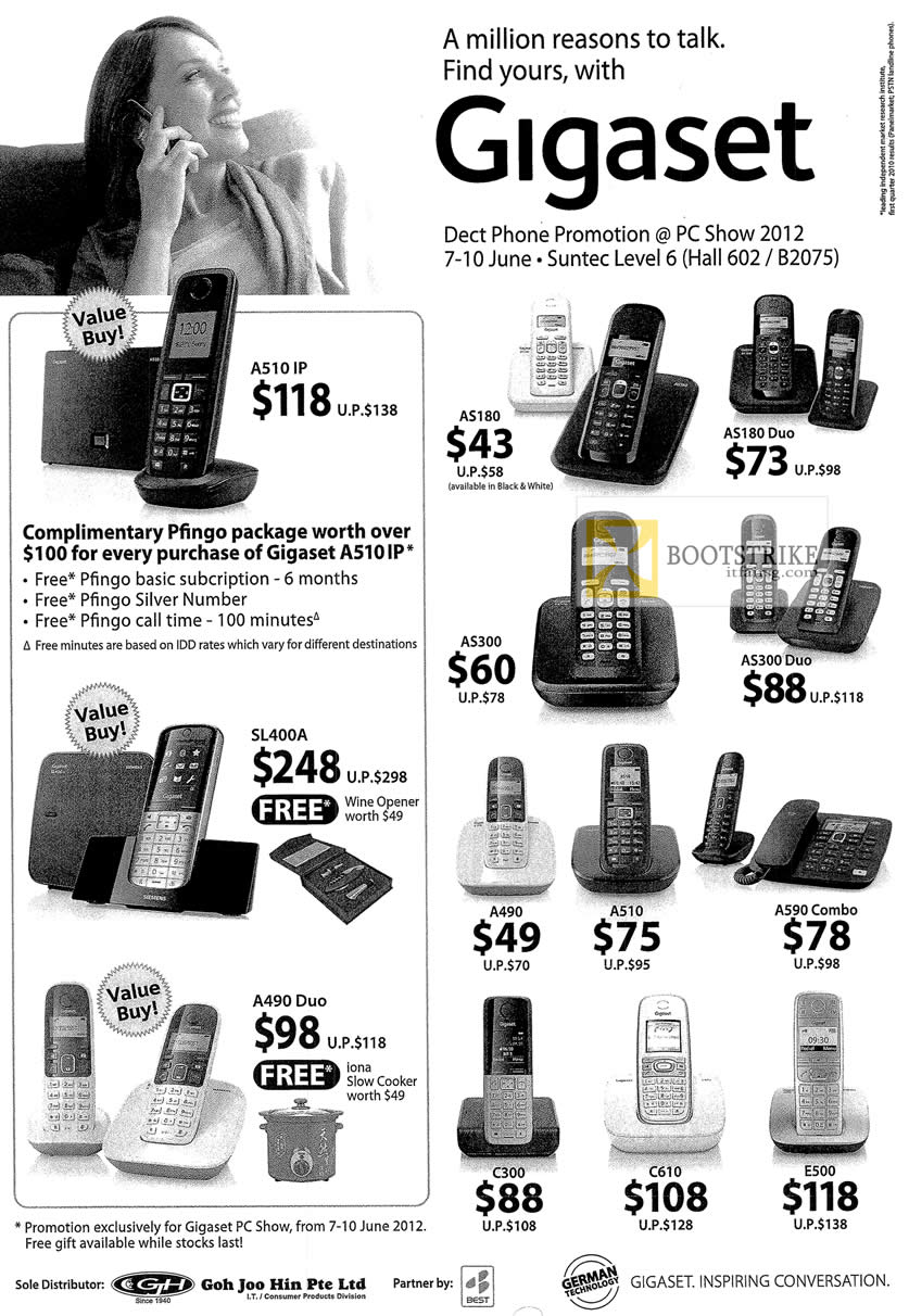 PC SHOW 2012 price list image brochure of Gigaset Dect Phones A510 IP, AS180, AS180 Duo, AS300, SL400A, A490, A510, A590 Combo, A490, C300, C610, E500
