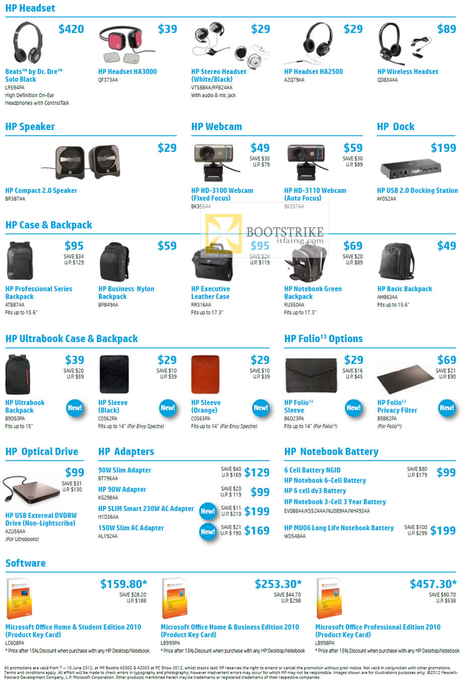 PC SHOW 2012 price list image brochure of HP Accessories Headset, Speaker, Webcam, Case, Backpack, External Optical Drive, Folio, Power Adapters, Notebook Battery, Microsoft Office Software