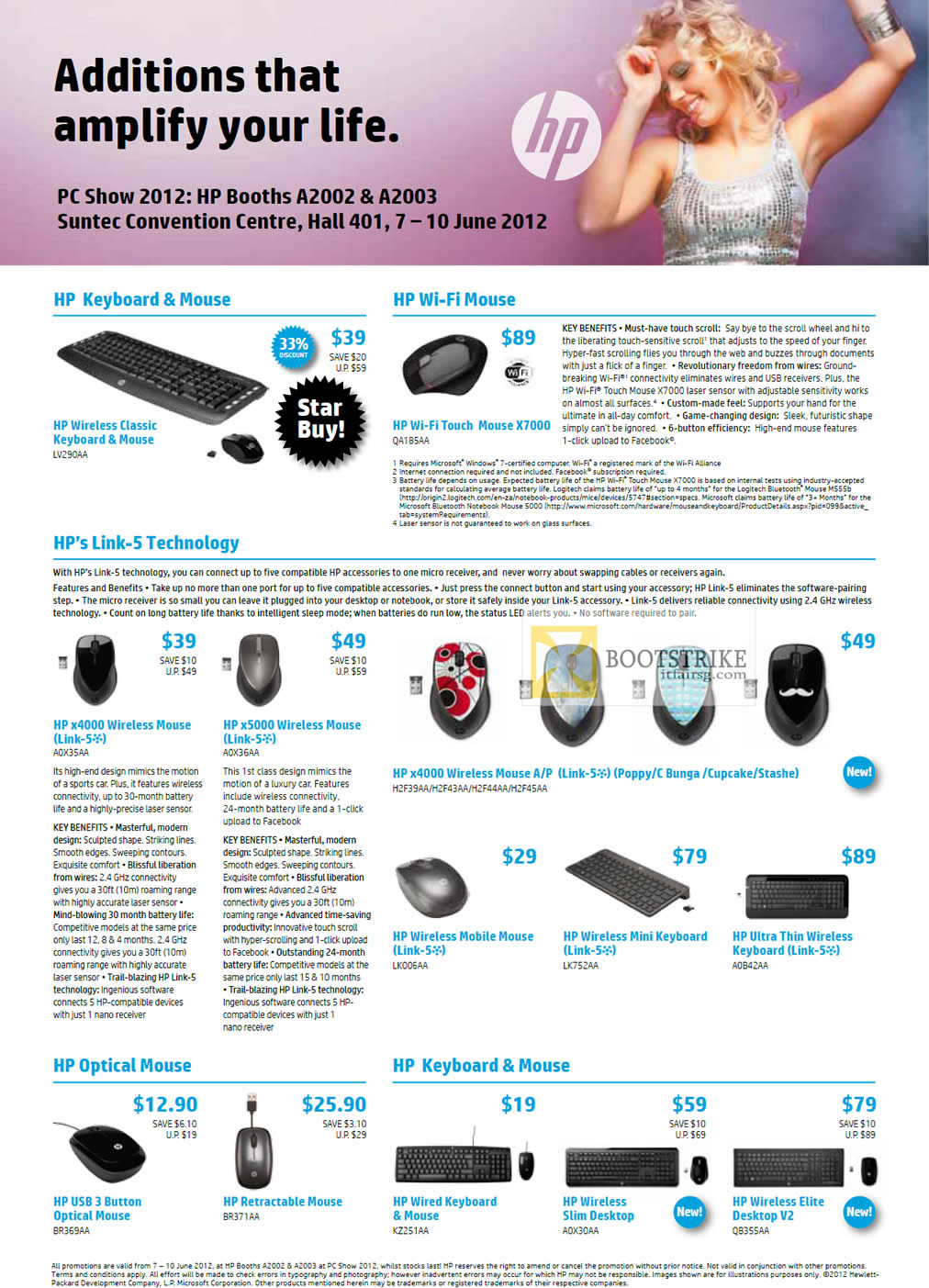 PC SHOW 2012 price list image brochure of HP Accessories Keyboard, Mouse, Wi-Fi Mouse X7000, X4000, X5000, Optical Mouse, Link-5