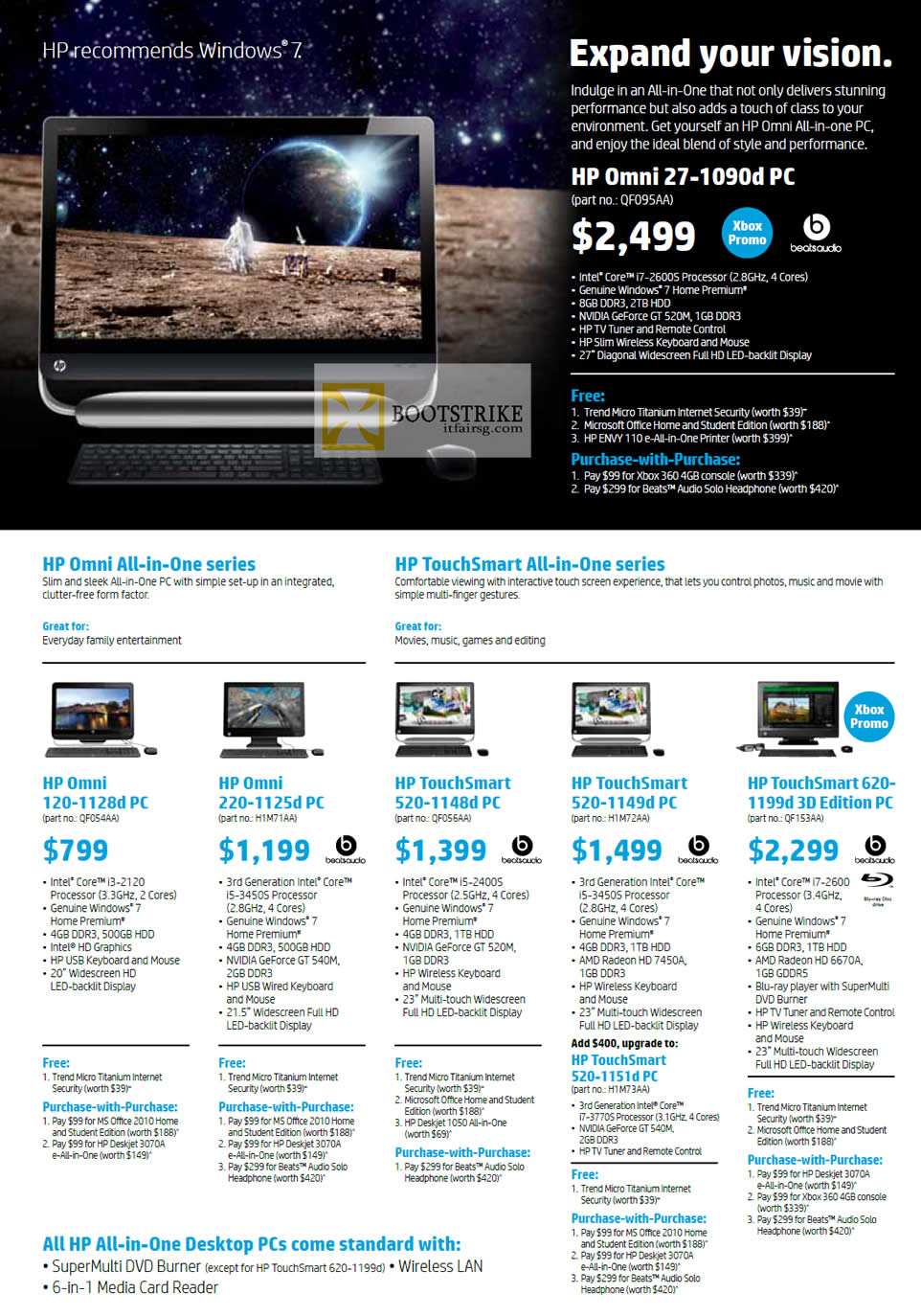 PC SHOW 2012 price list image brochure of HP Desktop PC AIO Omni 27-1090d, 120-1128d, 220-1125d, TouchSmart 520-1148d, 520-1149d, 520-1151d, 620-1199d 3D Edition