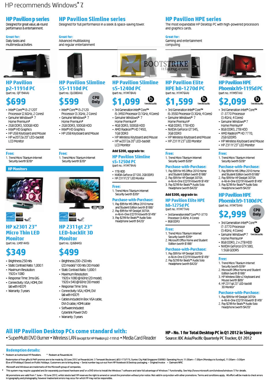 PC SHOW 2012 price list image brochure of HP Desktop PC Pavilion P2-1191d, Slimline S5-1110d, S5-1240d, S5-1250d, Elite HPE H8-1270d, H8-1275d, Phoenix H9-1195d, H9-1180d, X2301 LED Monitor, 2311gt