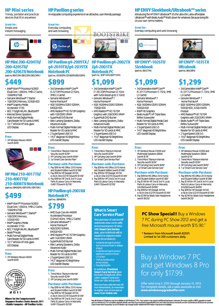 PC SHOW 2012 price list image brochure of HP Notebooks Mini 200-4204tu 4205tu 4206tu, 210-4017tu 4007tu 4008tu, Pavilion G4-2009tx 2010tx 2039tx 2007ax 2002tx 2003tx, Envy 4-1026tu Sleekbook, 1035tx