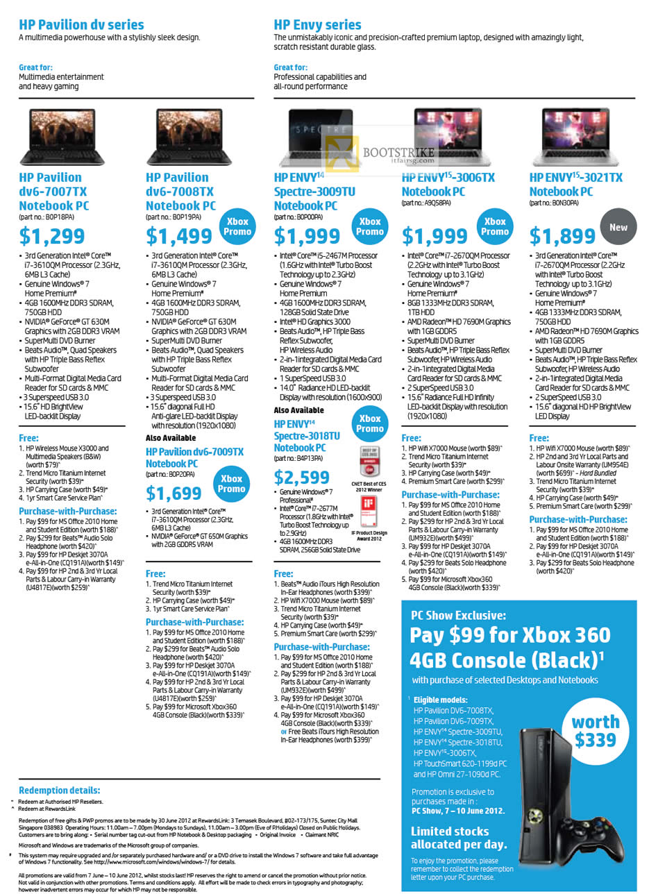 PC SHOW 2012 price list image brochure of HP Notebooks Pavilion Dv6-7007tx, Dv6-7008tx, Dv6-7009tx, Envy 14 Spectre-3009tu, 3018tu, Envy 15-3006tx, Envy 15-3021tx