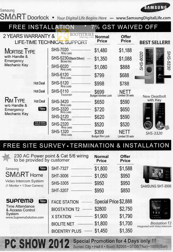 PC SHOW 2012 price list image brochure of Hanman Samsung Digital Lock SHS Mortise, RIM, Smart Home Video Intercom System, Suprema Time Attendence Acess Control System SHT-3006, Biostation T2