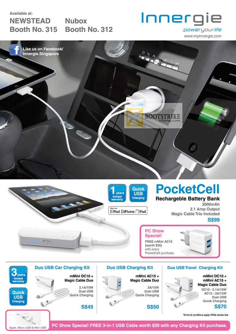 PC SHOW 2012 price list image brochure of Innergie Newstead Nubox PocketCell Battery Charger, Duo USB Charging Kit, Travel