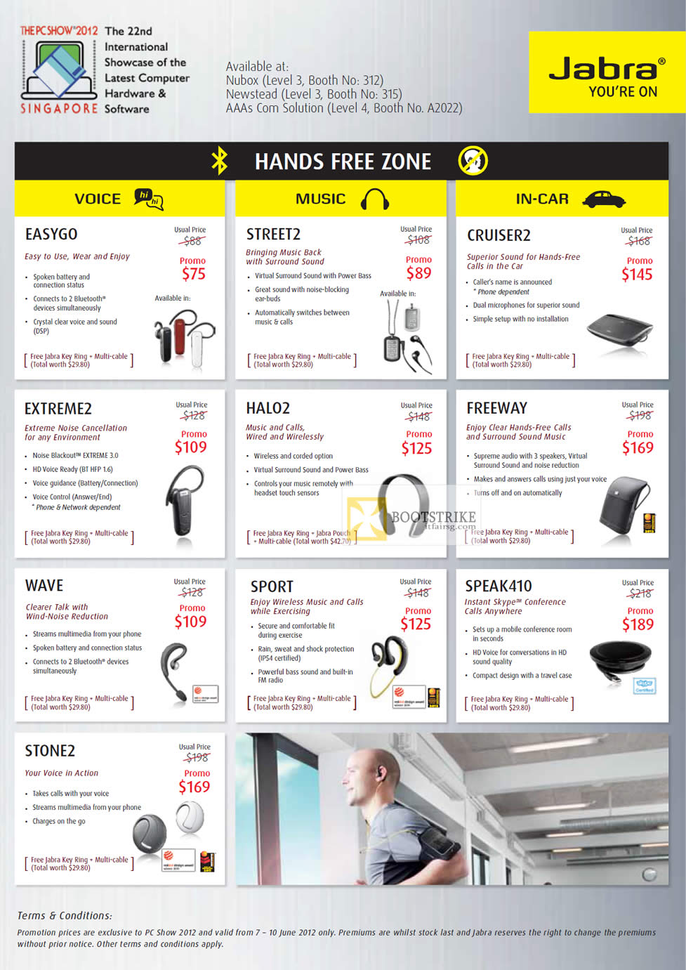 PC SHOW 2012 price list image brochure of Jabra Bluetooth Headsets Easygo, Extreme2, Wave, Stone2, Street2, Halo2, Sport, Cruiser2, Freeway, Speak410