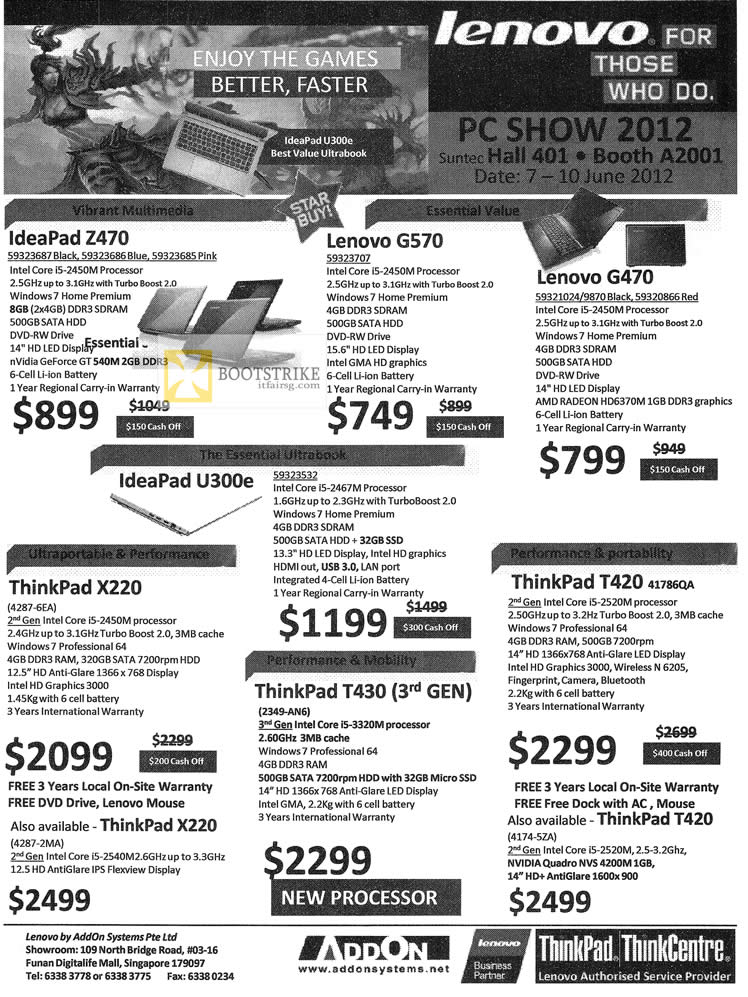 PC SHOW 2012 price list image brochure of Lenovo Notebooks AddOn IdeaPad Z470, G570, G470, U300e, ThinkPad X220, T430, T420