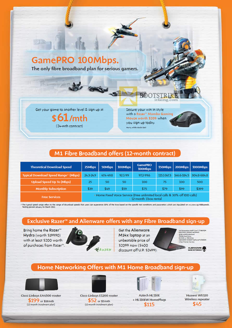 PC SHOW 2012 price list image brochure of M1 Broadband GamePRO 100Mbps, Cisco Linksys EA4500 Router, E1200, Aztech HL110E, HL110EW, Huawei WS320 Repeater, Alienware M14x, Razer Hydra