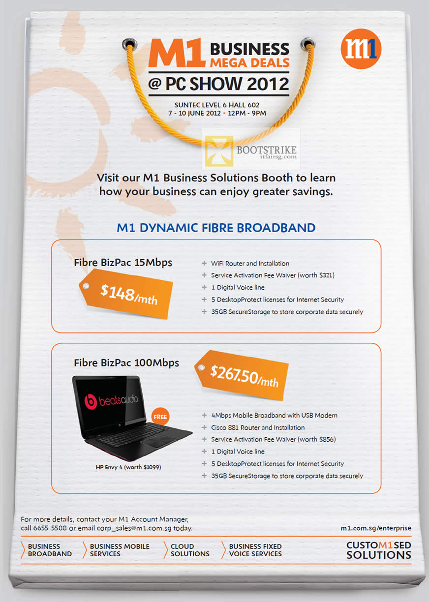 PC SHOW 2012 price list image brochure of M1 Business Dynamic Fibre Broadband BizPac 15Mbps, 100Mbps Free HP Envy 4
