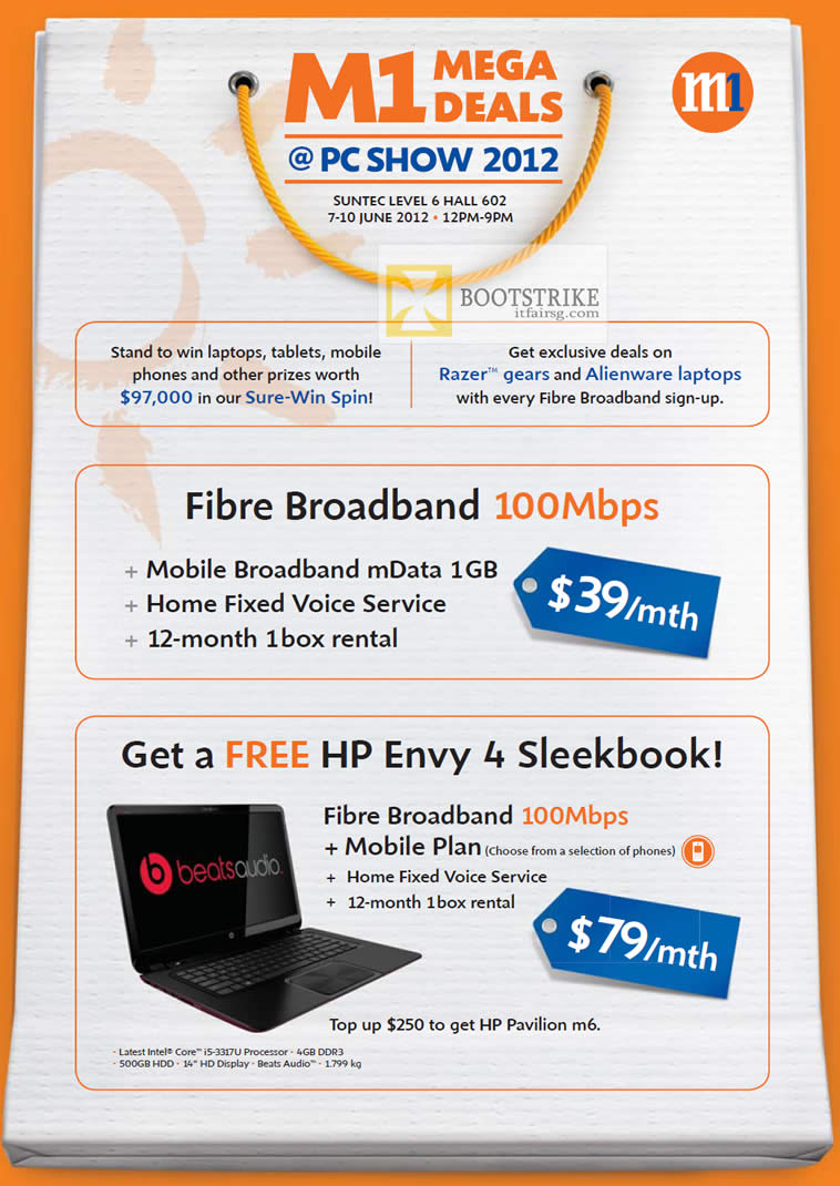 PC SHOW 2012 price list image brochure of M1 Fibre Broadband 100Mbps, Free HP Envy 4 Sleekbook Notebook