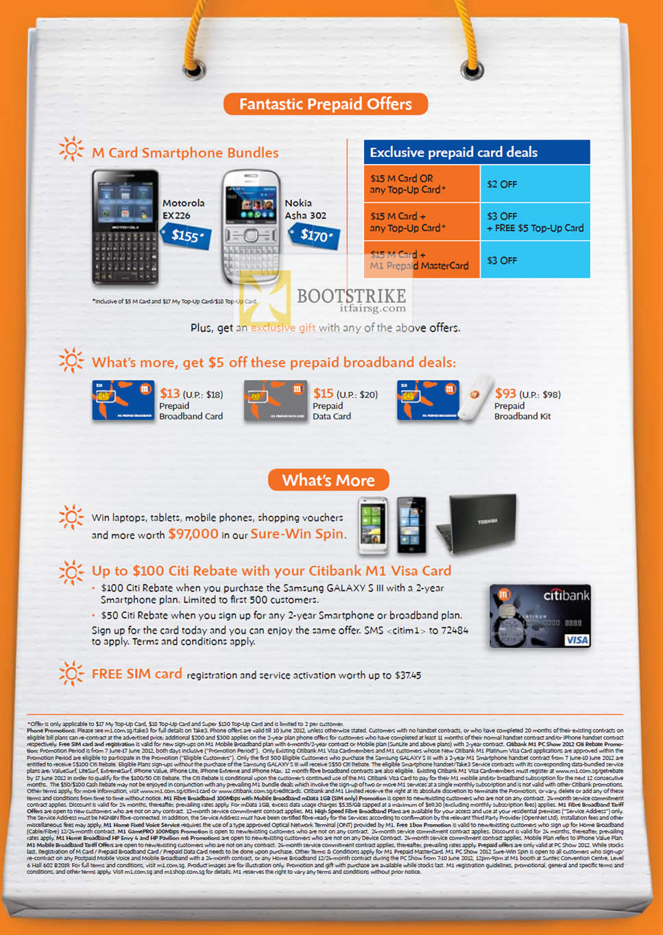 PC SHOW 2012 price list image brochure of M1 Mobile Prepaid M Card Motorola EX226, Nokia Asha 302, Prepaid Mobile Broadband, Citi Rebate