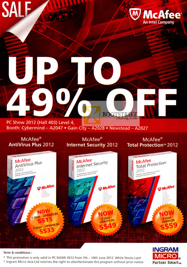 PC SHOW 2012 price list image brochure of McAfee Antivirus Plus 2012, Internet Security 2012, Total Protection 2012 Software