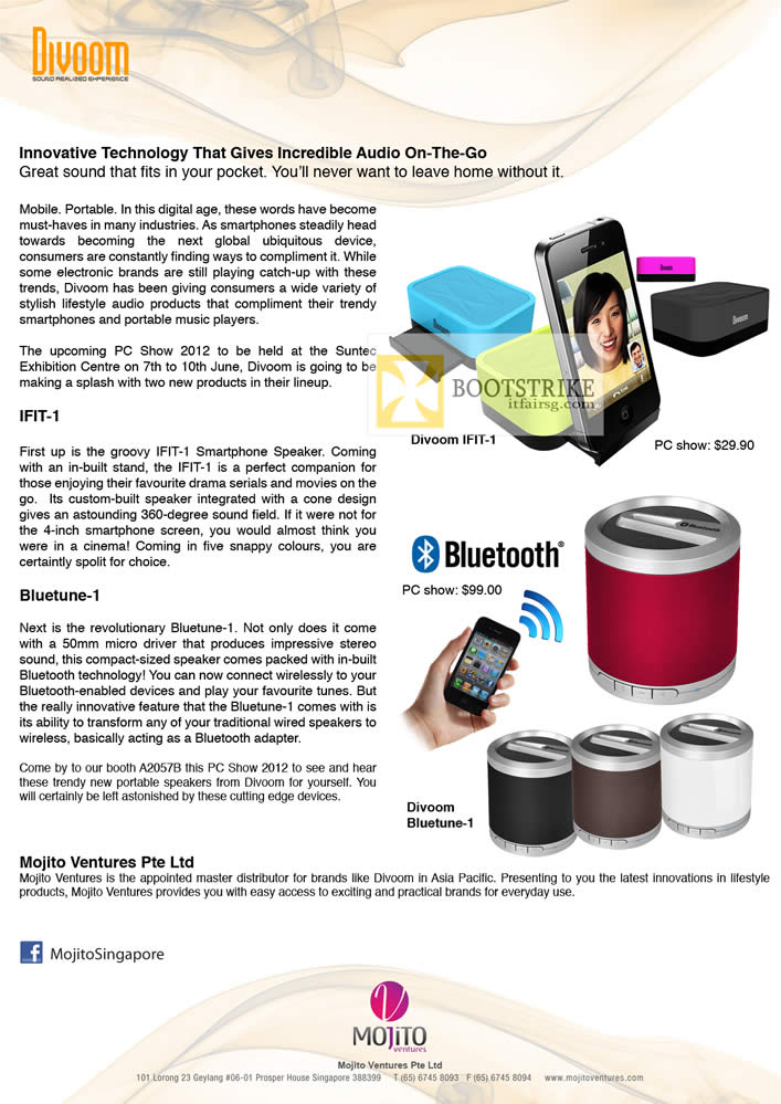PC SHOW 2012 price list image brochure of Mojito Divoom Ifit-1 Smartphone Speaker, Bluetune-1 Bluetooth Speaker