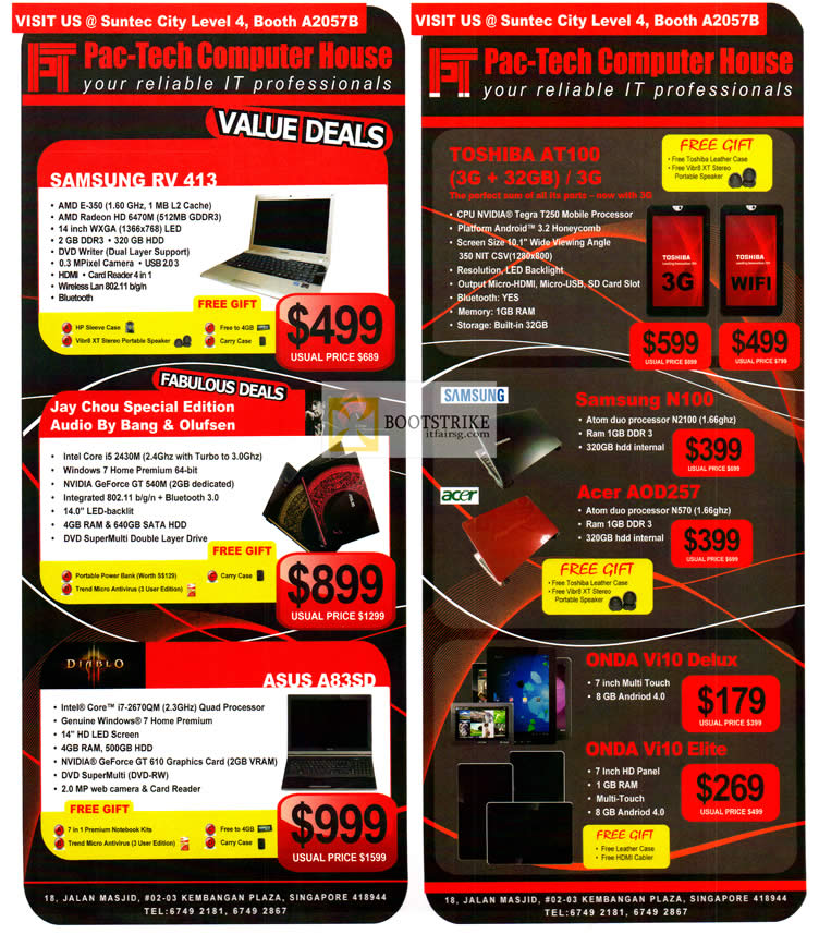 PC SHOW 2012 price list image brochure of Mojito Pan-Tech Notebooks Samsung RV413, ASUS A83SD, Toshiba AT100, Samsung N100, Acer AOD257, Onda Vi10 Delux, Onda Vi10 Elite Android