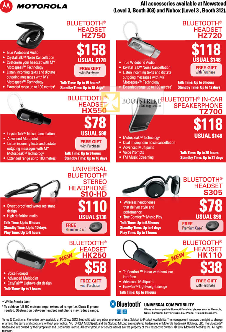 PC SHOW 2012 price list image brochure of Motorola Bluetooth Headsets HZ750, HZ720, HX550, TZ700, S10-HD, S305, HK250, HK110, Newstead, Nubox
