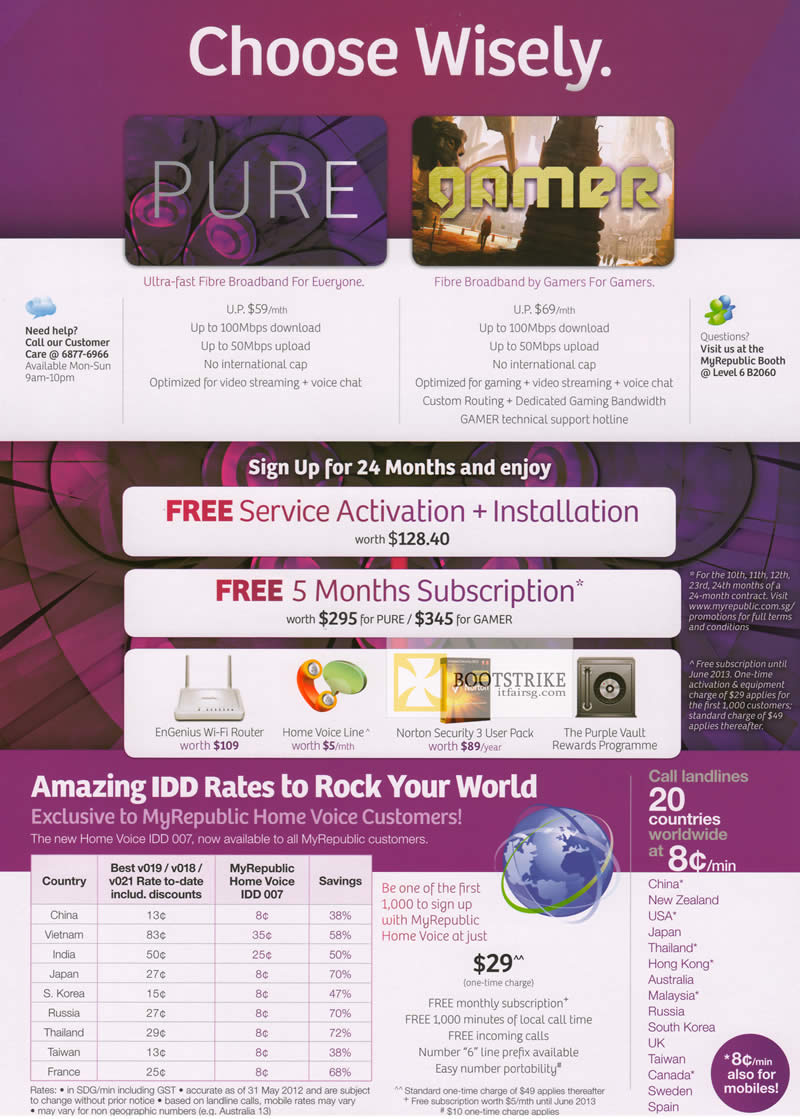 PC SHOW 2012 price list image brochure of MyRepublic Broadband Fibre Pure, Gamer, IDD Rates