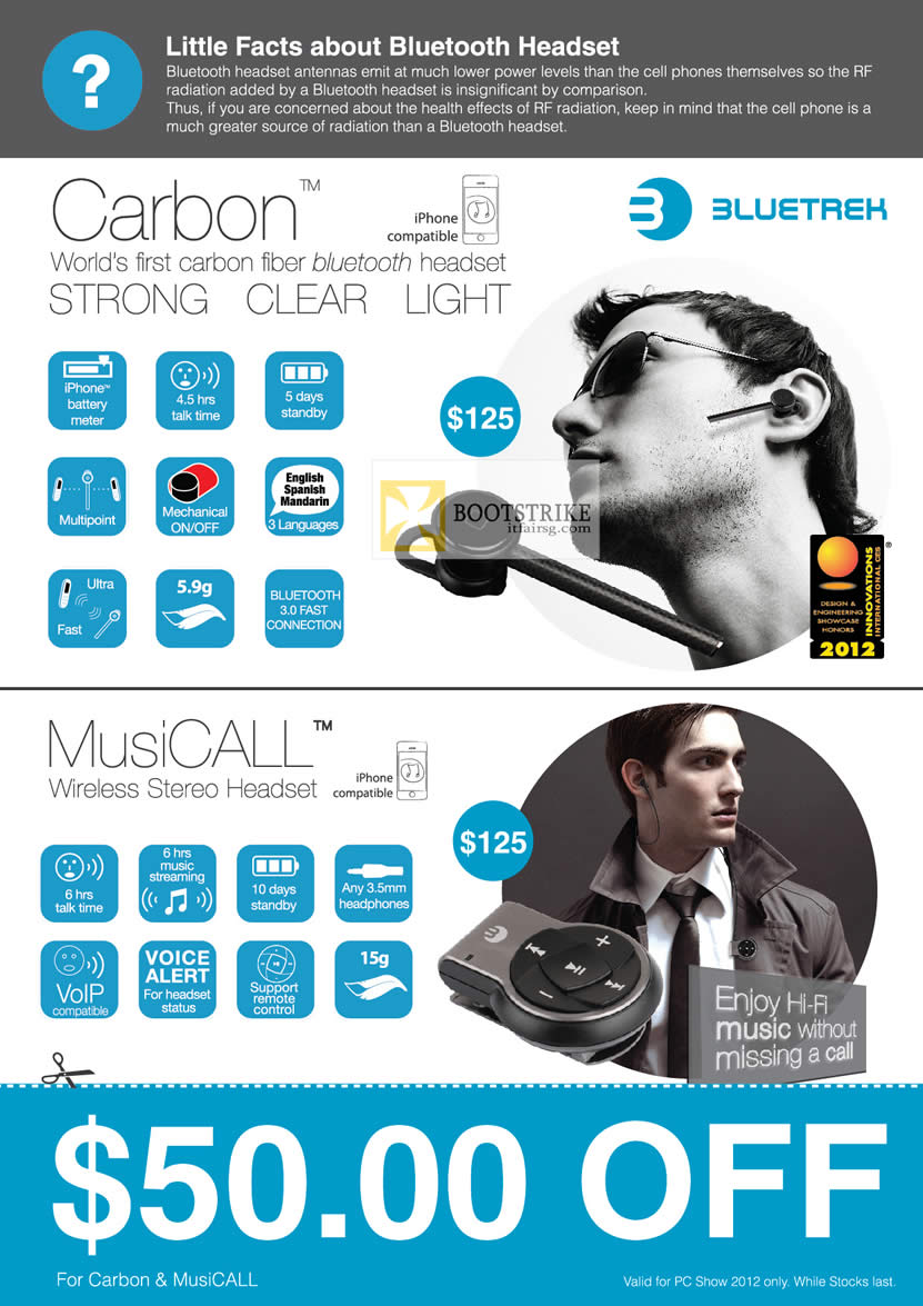 PC SHOW 2012 price list image brochure of Newstead Bluetrek Bluetooth Headset Carbon, MusiCall Wireless Stereo Headset