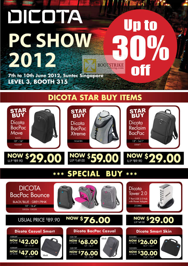 PC SHOW 2012 price list image brochure of Newstead Dicota Backpacks Bags BacPac Move, Xtreme, Reclaim, Bounce, Tower 2.0, Causal Smart, Smart Skin