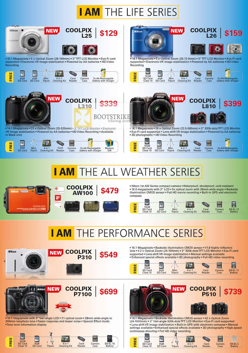 PC SHOW 2012 price list image brochure of Nikon Digital Cameras Coolpix L25, L26, L310, L810, AW100, P310, P7100, P510