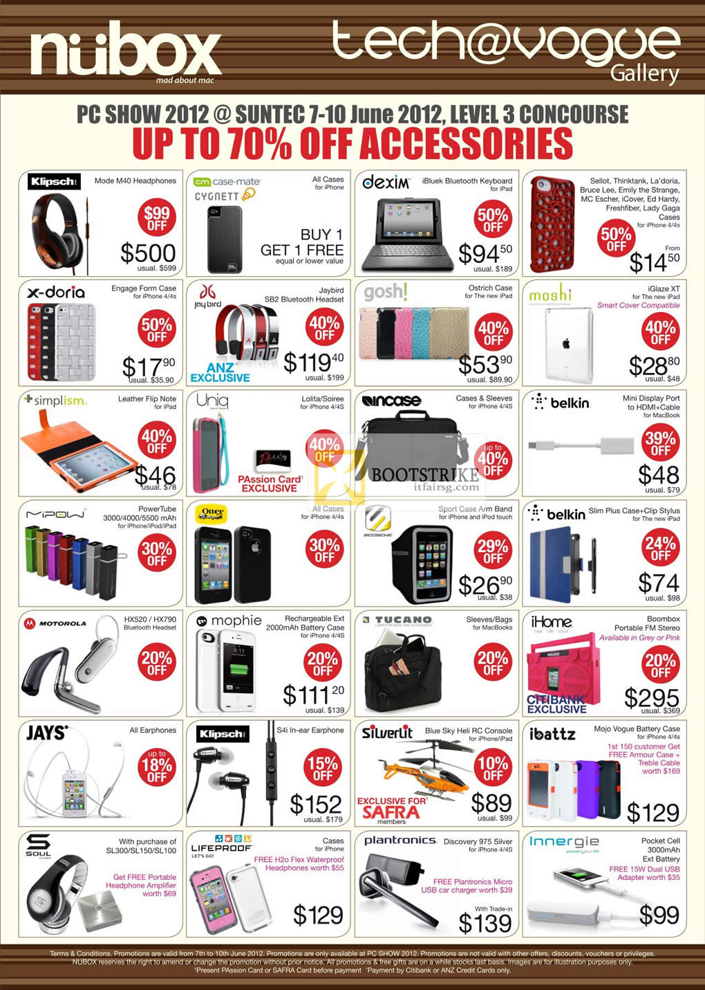 PC SHOW 2012 price list image brochure of Nubox Accessories Klipsch Mode M40 Headphone, X-doria Engage, IGlaze XT, Uniq, Lifeproof Case, Innergie, Ibattz, IHome