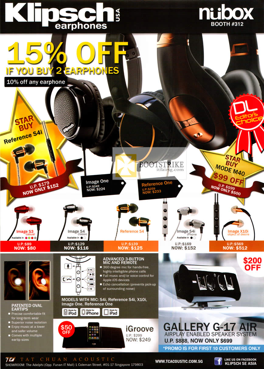 PC SHOW 2012 price list image brochure of Nubox Klipsch Earphones Image S3, S4, Reference S4, S4i, X10i, Gallery G-17 Air Speaker System, IGroove