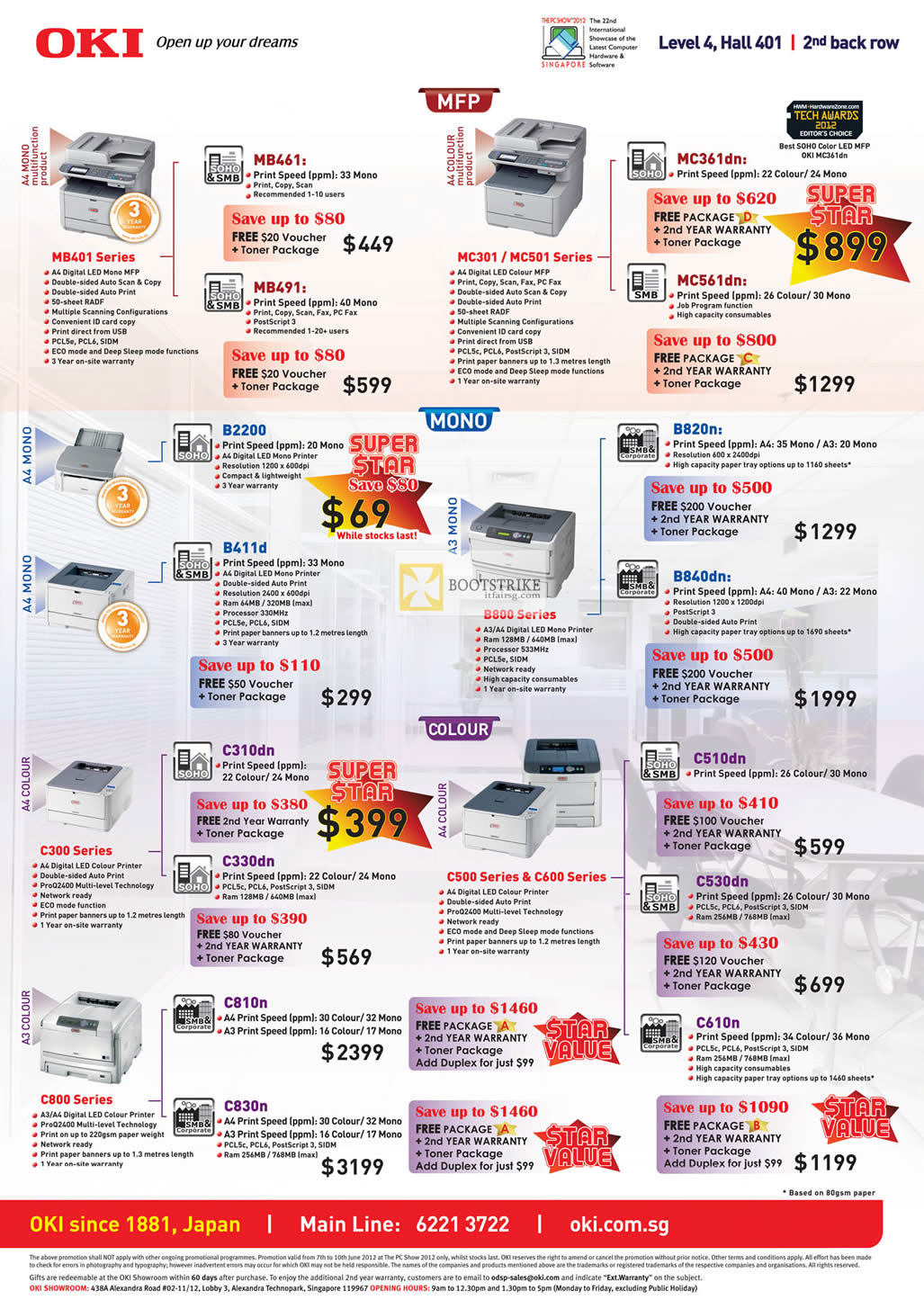 PC SHOW 2012 price list image brochure of OKI Printers MB461, MB491, MC361dn, MC561dn, B820n, B840dn, B2200, B411d, C310dn, C330dn, C530dn, C610n, C810n, C830n, C510dn