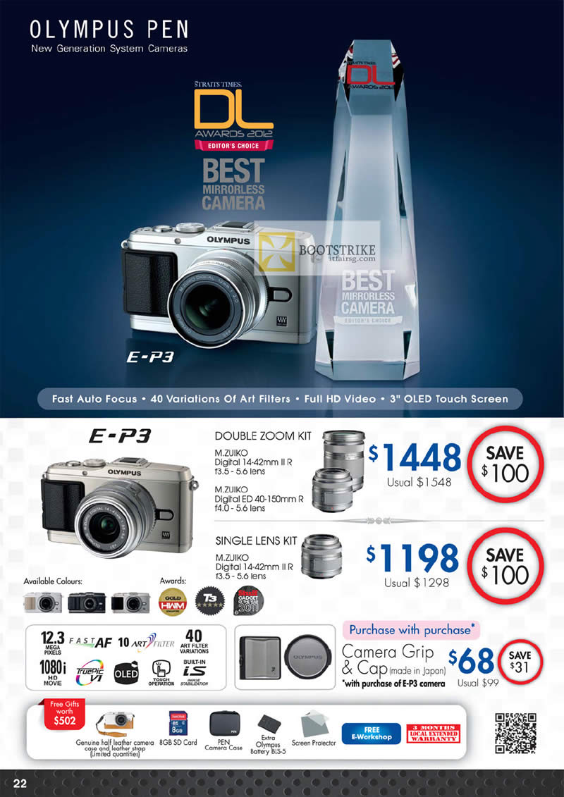 PC SHOW 2012 price list image brochure of Olympus Digital Camera E-P3, DOUBLE ZOOM KIT, SINGLE LENS KIT, Camera Grip And Cap
