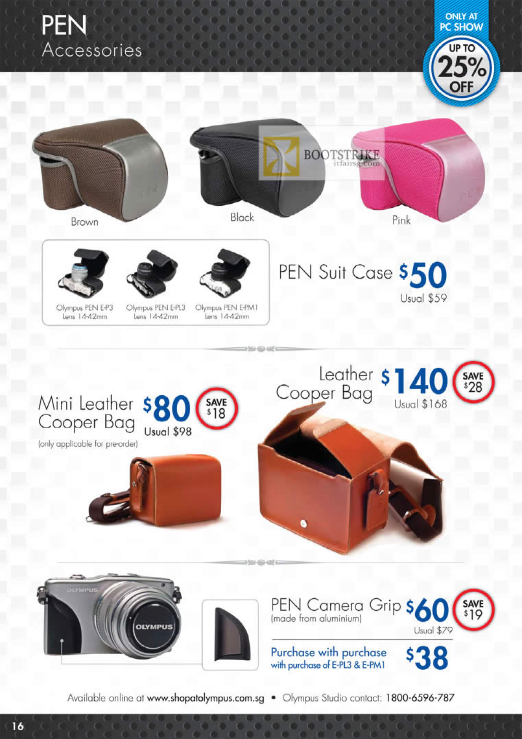 PC SHOW 2012 price list image brochure of Olympus Digital Camera PEN Suit Case, Brown, Black, Pink, Leather Cooper Bag, Mini Leather Cooper Bag, PEN Camera Grip