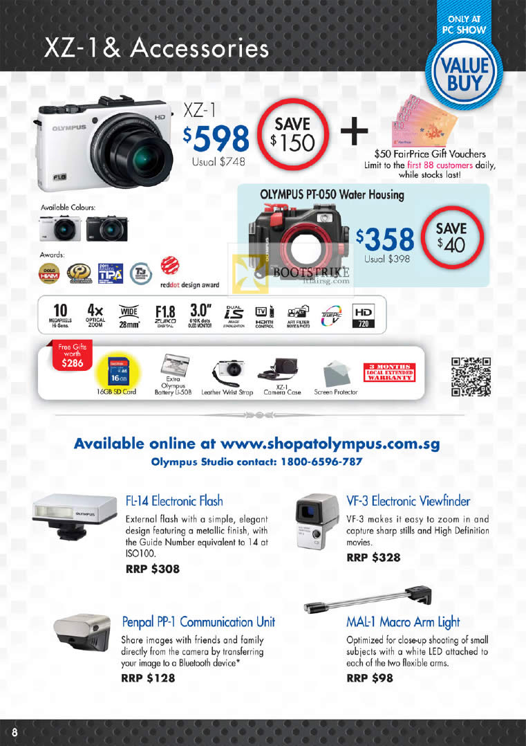 PC SHOW 2012 price list image brochure of Olympus Digital Camera XZ-1, FL-14 Electronic Flash, VF-3 Electronic Viewfinder, Penpal PP-1 Communication Unit, MAL-1 Macro Arm Light