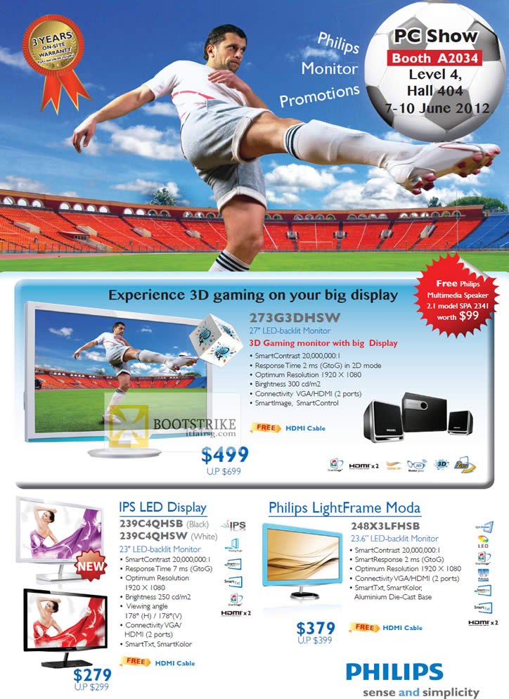 PC SHOW 2012 price list image brochure of Philips Monitors LED 273G3DHSW, IPS LED 239C4QHSB 239C4QHSW, LightFrame Moda 248X3LFHSB