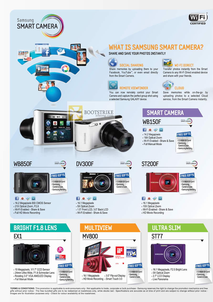 PC SHOW 2012 price list image brochure of Samsung Digital Cameras WB150F, WB850F, DV300F, ST200F, EX1, MV800, ST77