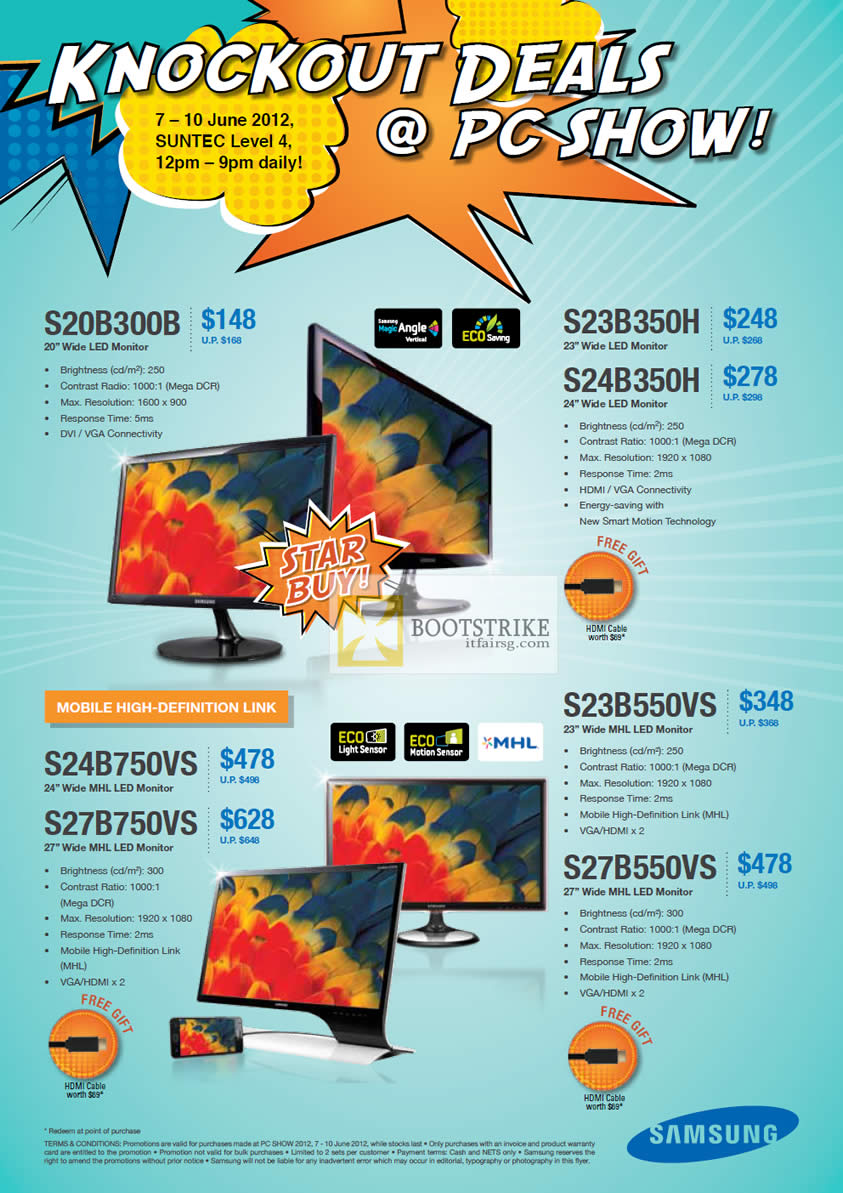 PC SHOW 2012 price list image brochure of Samsung Monitors LED S20B300B, S23B350H, S24B350H, S24B750VS, S27B750VS, S23B550VS, S27B550VS