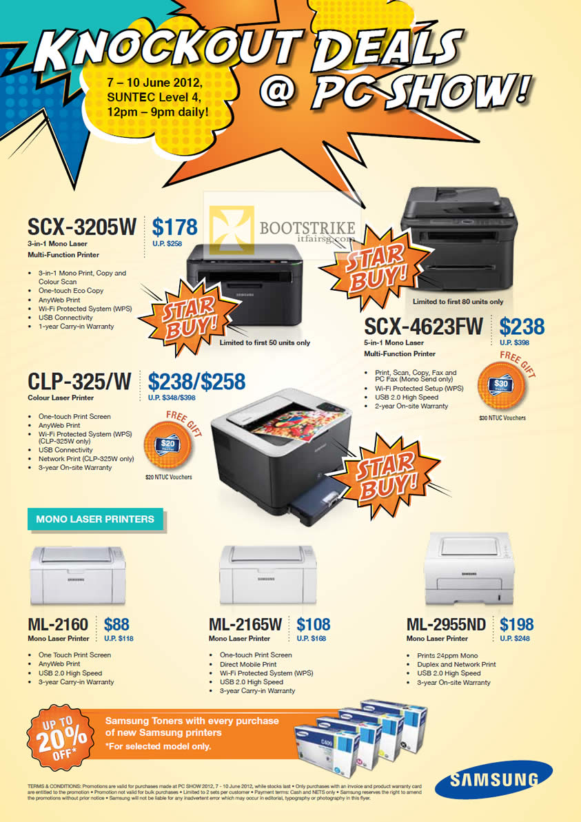 PC SHOW 2012 price list image brochure of Samsung Printers Laser SCX-3205W, CLP-325 W, SCX-4623FW, ML-2160, ML-2165W, ML-2955ND
